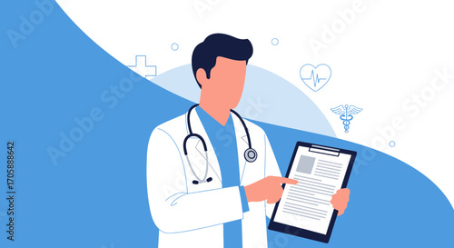 Doctor Examining Medical Report, Healthcare Concepts, and Illustrations, Professional Checkup