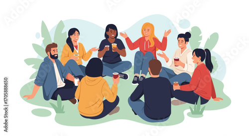 Diverse Group Of Friends Gathered Outdoors, Engaged In Conversation And Enjoying Beverages