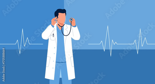 Doctor Holding Stethoscope with Heartbeat Lines, Medical Health Check Illustration