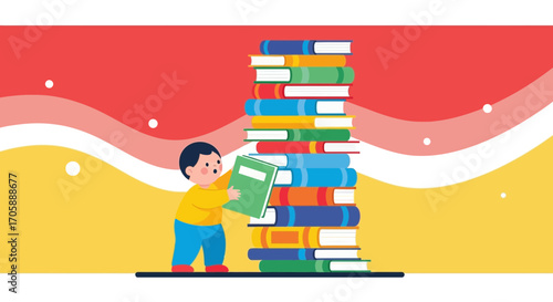 Youngster Adding A Book Into Stack Of Colorful Learning Resources With Bright Background