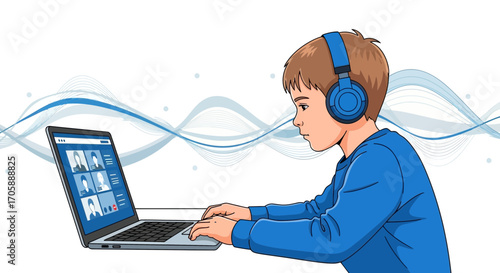 Youngster Engaging in Video Conferencing at Home with Headphone and Laptop