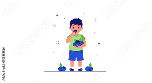 Youngster Enjoying Fresh Harvest Berries Against White Background in Charming Illustration