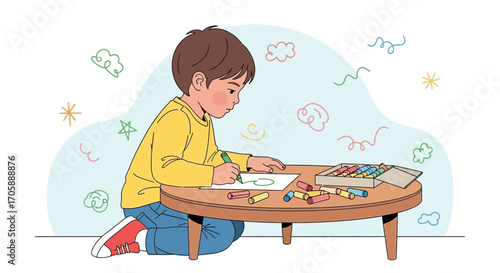 Youngster Enjoys Artistic Endeavor Creating Colorful Drawings with Crayons at a Table