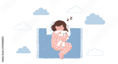 Dreamtime Scene Depicting Sleepy Girl Embracing Plush Toy, Relaxing, Dreaming