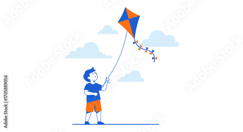 Youngster Joyfully Soaring A Colorful Kite In A Picturesque, Sunny Sky Setting