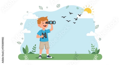 Youngster Observing Avian Wildlife With Binoculars Against a Scenic Backdrop