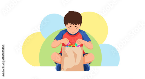 Youngster Sitting and Selecting Treats from the Paper Bag with a Curious Expression