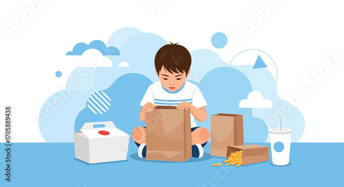 Youngster Unpacks Takeaway Meal, Discovering Tasty Goodies, Satisfying Hunger, Enjoying A Feast