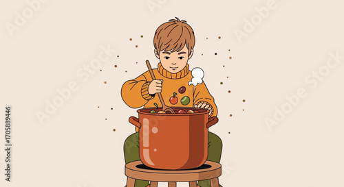 Youngster Stirs Delicious Stew, Simplicity In Kitchen, Culinary Endeavor Illustrated