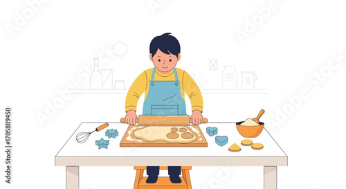 Youngster Rolling Out Dough, Ready To Bake Yummy Christmas Cookies, Festive Season Is Here