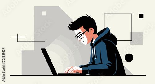 Youngster Working On Computer, Creating Modern Digital Content Graphics And Designs