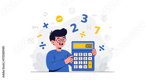Youngster Using Calculator for Arithmetic in a Colorful Illustrated Educational Visualization
