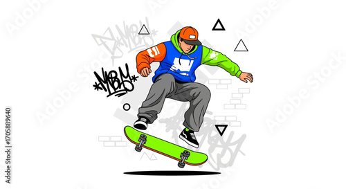 Youthful Skateboarder Executes Dynamic Aerial Maneuver Over Decorative Graffiti Backdrop