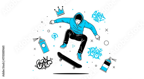 Youthful Skateboarder Performing an Aerial Trick and Surrounded by Unique Street Art Elements
