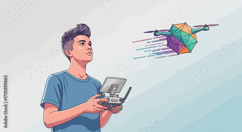 Youthful Operator Piloting A Futuristic Drone Device Amidst A Serene Sky Backdrop
