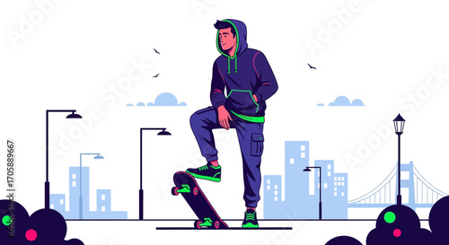 Youthful Skateboarder Posing Confidently In Urban Setting During Bright Daylight