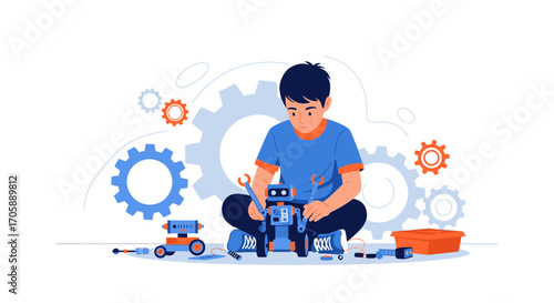 Young Engineer Assembling Robot Demonstrating Innovation And The Future of Robotics
