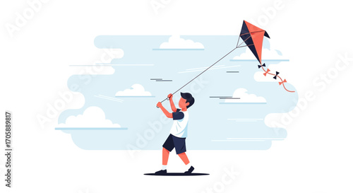Young Enthusiast Joyfully Maneuvering a Kite Against a Dreamy Sky Background