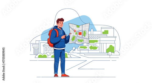 Young Explorer Consulting a City Map to Plan a Journey Through the Urban Landscape