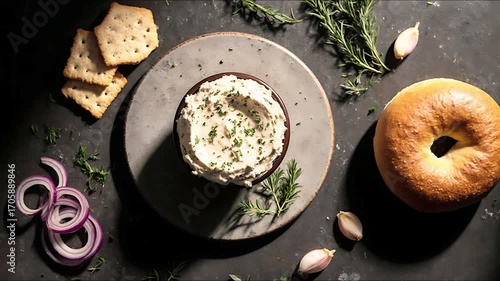 Creamy Herb Spread with Bagel and Crackers. A gourmet savory dip, garnished with fresh parsley, surrounded by red onion, garlic, and rosemary on dark stone.
