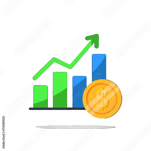 Flat design vector illustration of a rising bar chart with a green arrow and a gold dollar coin, symbolizing economic growth, investment returns, and successful business performance