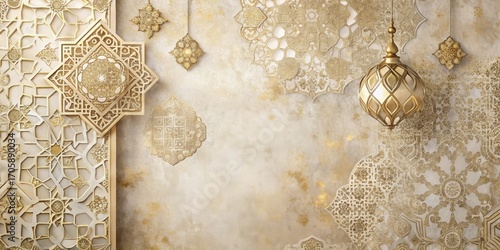 Elegant Golden Ornamental Wall Decor with Hanging Lantern and Intricate Geometric Patterns