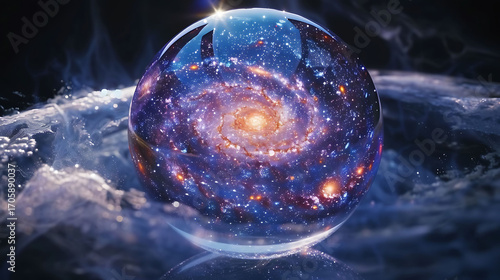 A surreal scene of a detailed galaxy appearing inside a floating soap bubble, blending cosmic wonder with fragile ephemeral beauty.  

