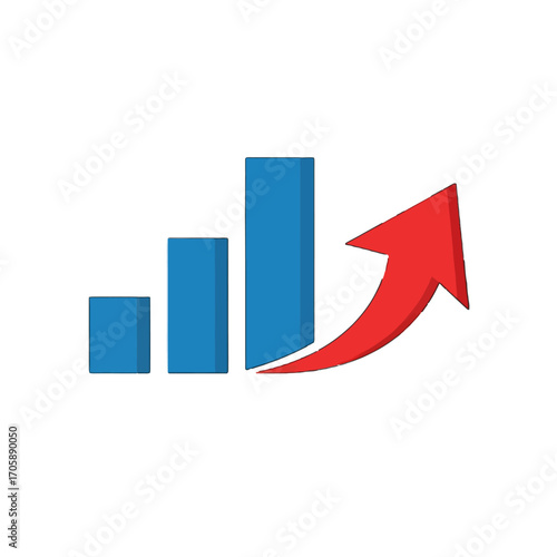 Financial growth concept with an increasing bar graph and a red arrow pointing up, representing success, profit, and positive statistics