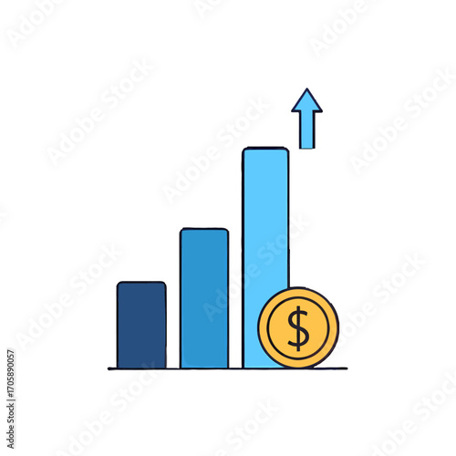 Financial growth concept with an increasing bar chart, dollar coin, and upward arrow icon representing business profit and investment success