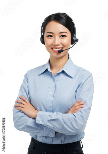 Friendly professional asian woman customer service representative with headset and crossed arms transparent background