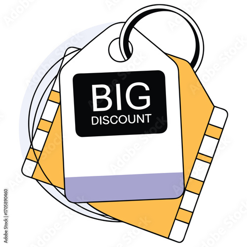 Vector art of a white tag with the words big discount in black, attached to a keyring, with a yellow and blue abstract shape behind it