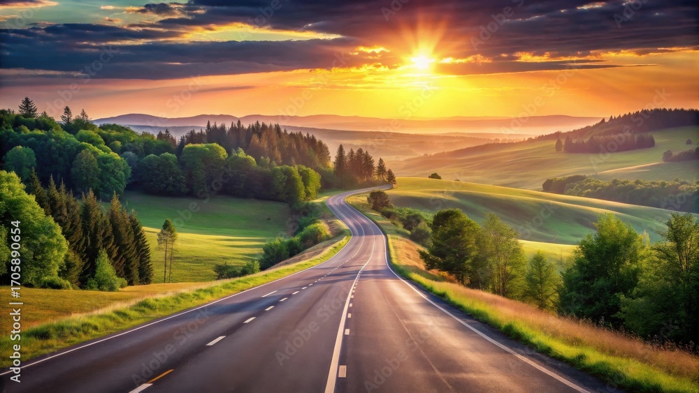 Naklejka premium Asphalt road winding through idyllic landscape at sunset with vibrant colors and lush green hills