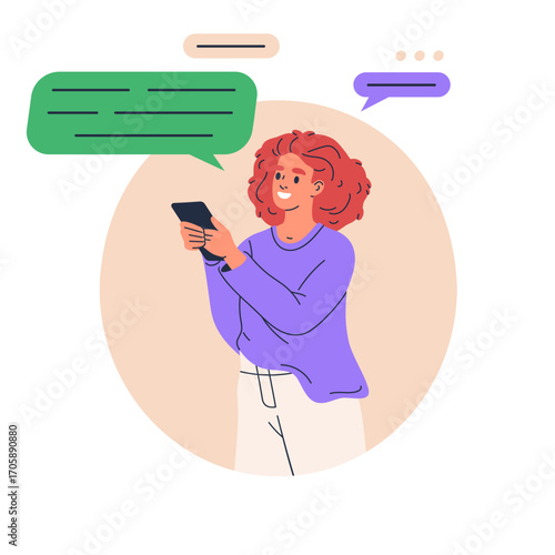 Chatting woman. Female character using smartphone, girl texting to somebody, women message to girlfriends flat vector illustration. Smartphone messengers concept