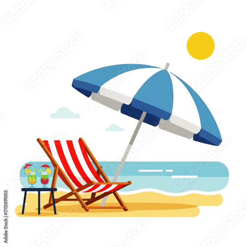 Beach scene with umbrella, lounge chair, and cocktails, depicting a relaxing summer day