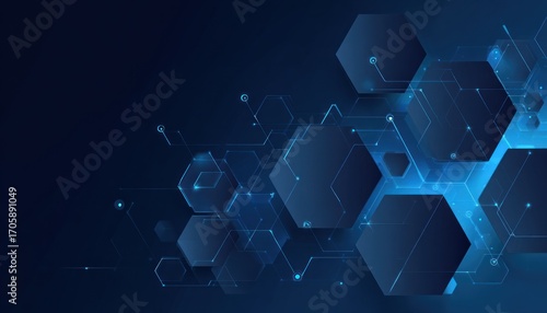 Abstract dark blue background with interconnected geometric shapes and glowing light, creating a sense of modern technology and data flow