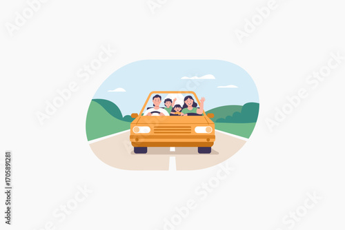 Vector art of family road trip in a car on a scenic highway