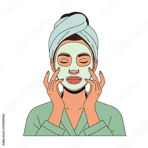 Woman applying a facial mask with a towel wrapped around her head, eyes closed