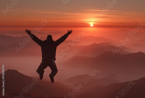 Wallpaper Mural Person mid-jump, arms raised, against a sunset view of hazy, distant mountains bathed in orange light. Symbolic freedom and achievement Torontodigital.ca
