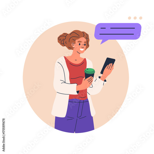 Female character using smartphone. Chatting woman, girl texting to somebody, women message to girlfriends flat vector illustration. Smartphone chat concept
