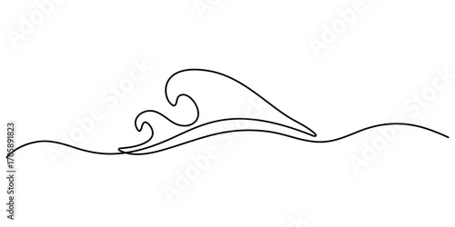 Continuous one line drawing of ocean wave minimal sea outline vector illustration. Waves continuous one line drawing. Hand drawn wave. Single continuous line drawing. Editable stroke