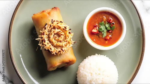 Elegant fried spring roll garnished with crispy shredded topping, served with spicy dipping sauce and steamed white rice on a sage green plate, top view.