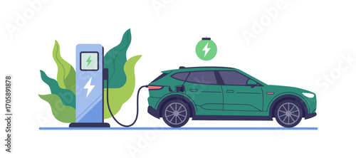 Vector art of electric car charging at an ecocharge station with plants