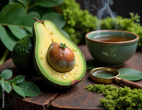 A halved avocado with raindrops, garnished with a small sprig, is accompanied by a green cup of tea, a magnifying glass, and fresh herbs on a wooden surface.