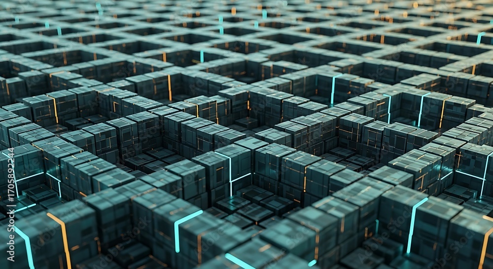 Fototapeta premium Abstract Cube Grid with Neon Lights