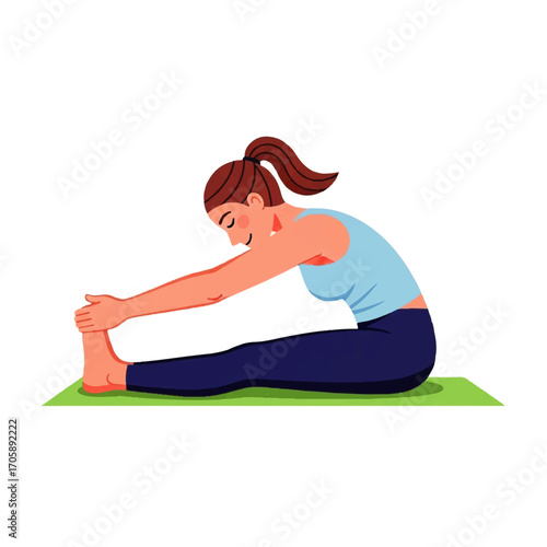 Smiling woman performing a seated forward bend yoga pose on a mat