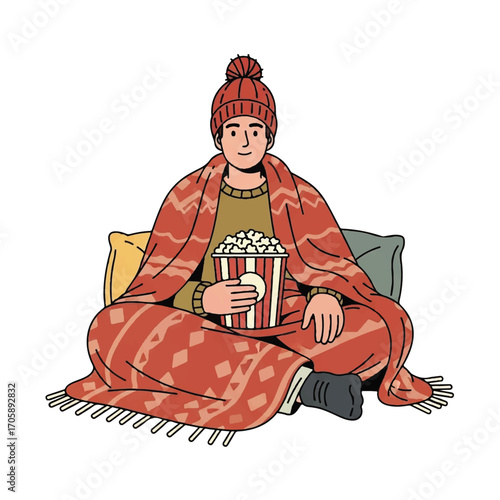 A person in a cozy blanket, enjoying popcorn while seated