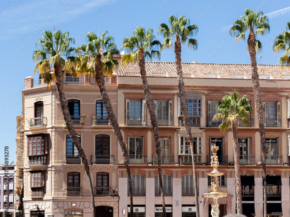 Naklejka premium Malaga, Andalusia, Spain. 4 September 2025. Palm trees near historic building
