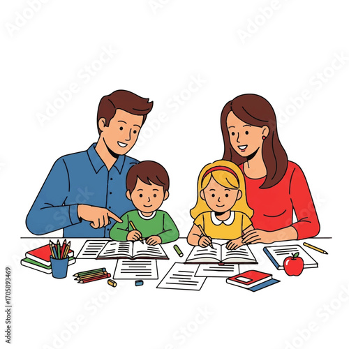 A family of four, parents helping their son and daughter with homework at a table