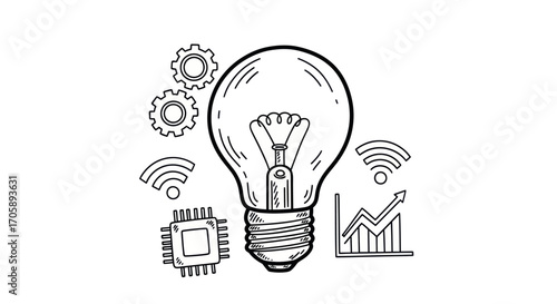 Hand-drawn light bulb with gears microchip and Wi-Fi symbols representing innovation and technology.