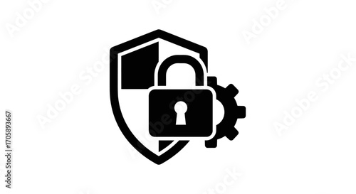 Black Shield Padlock Gear Icon for Digital Security Settings.